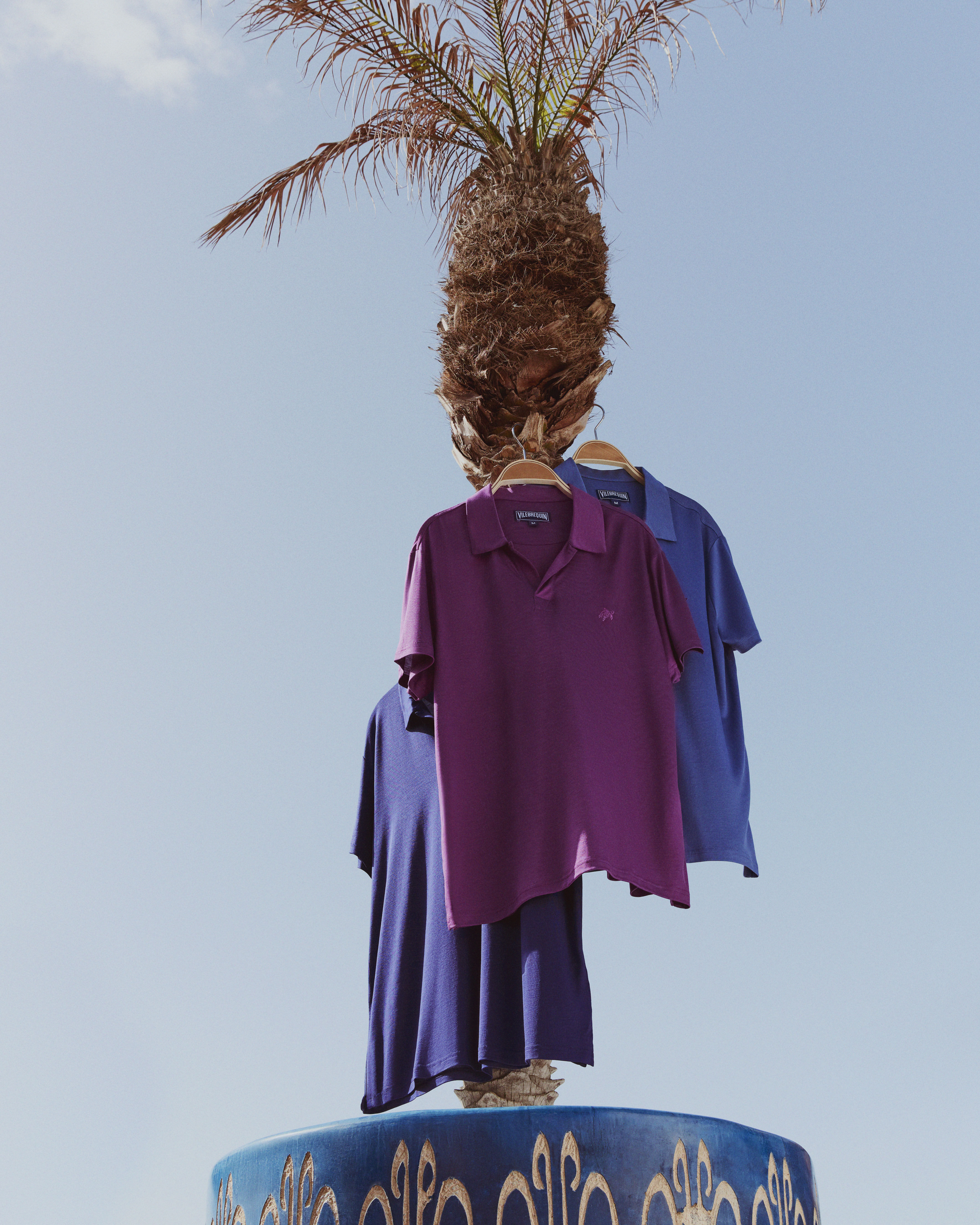 Tencel Polos hanging on hangers on a palm tree